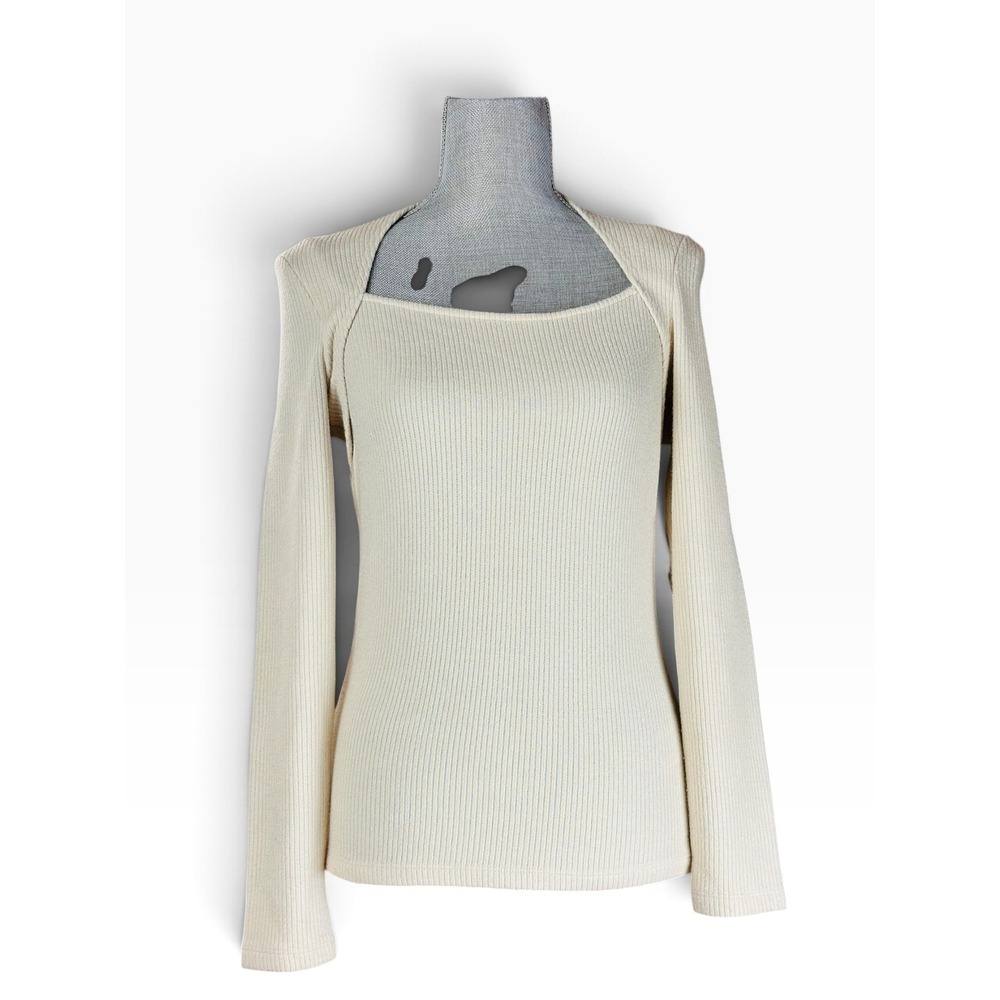 Anthropologie Cream Ribbed Square Neck Asymmetric Cutout Long-Sleeve Top, Small